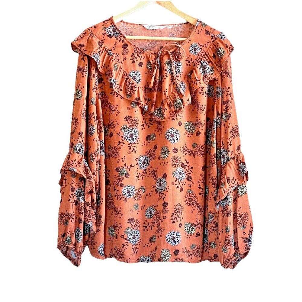 Sonoma Women's Top Size 2X Cottagecore Peasant Ruffle Floral Rust Orange Blue